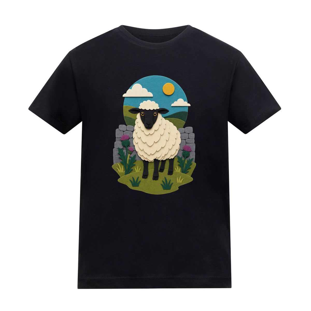 Sheep by the Stone Wall Kids' T-shirt - Felt & Fauna Deep Black colour variant image