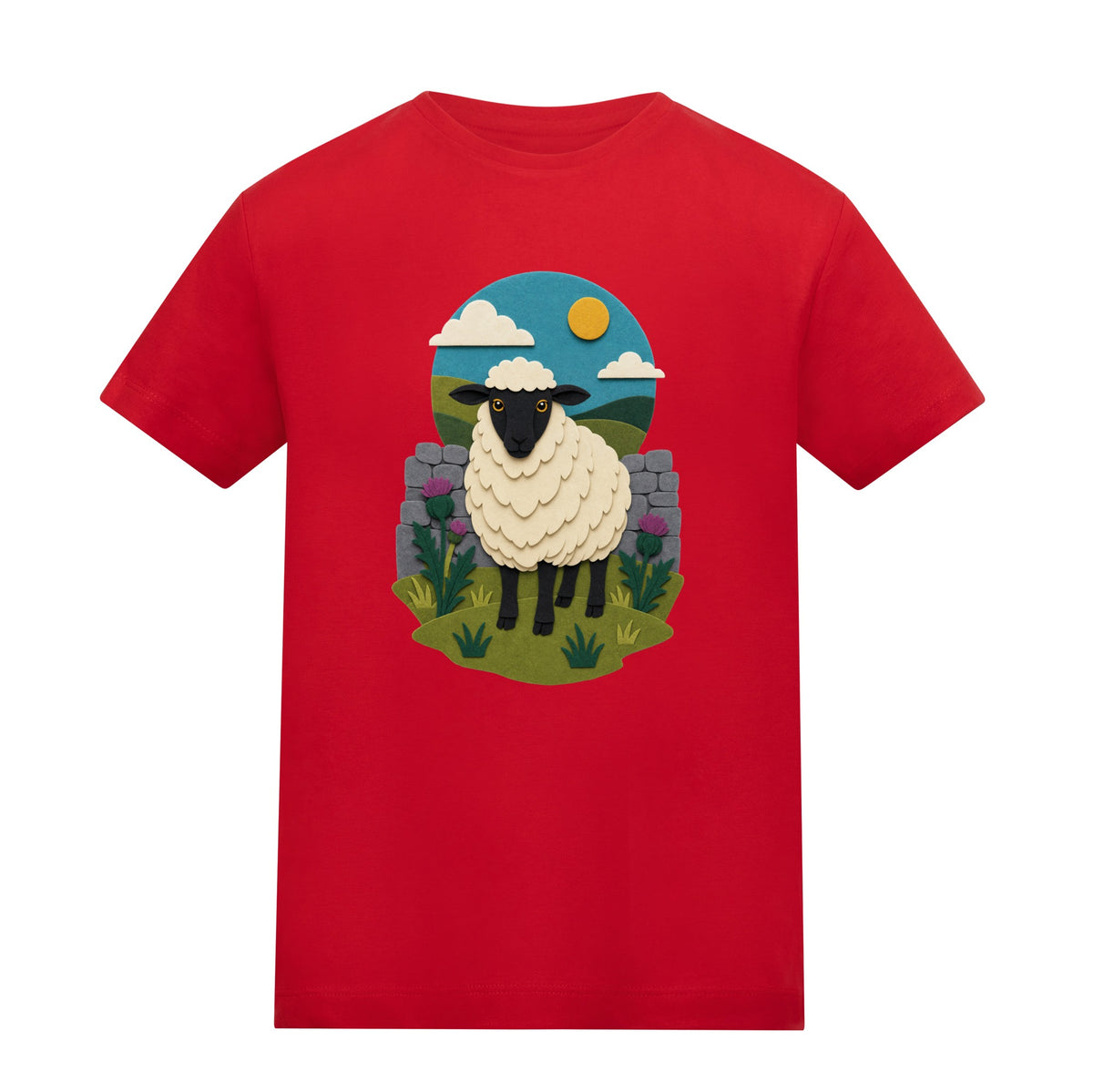 Sheep by the Stone Wall Kids' T-shirt - Felt & Fauna Fire Red colour variant image