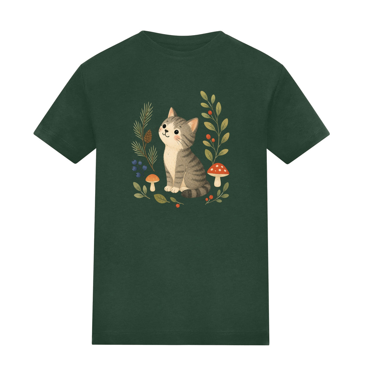 Kitten in the Pines Kids' T-shirt - Once Upon a Woodland Bottle Green colour variant image