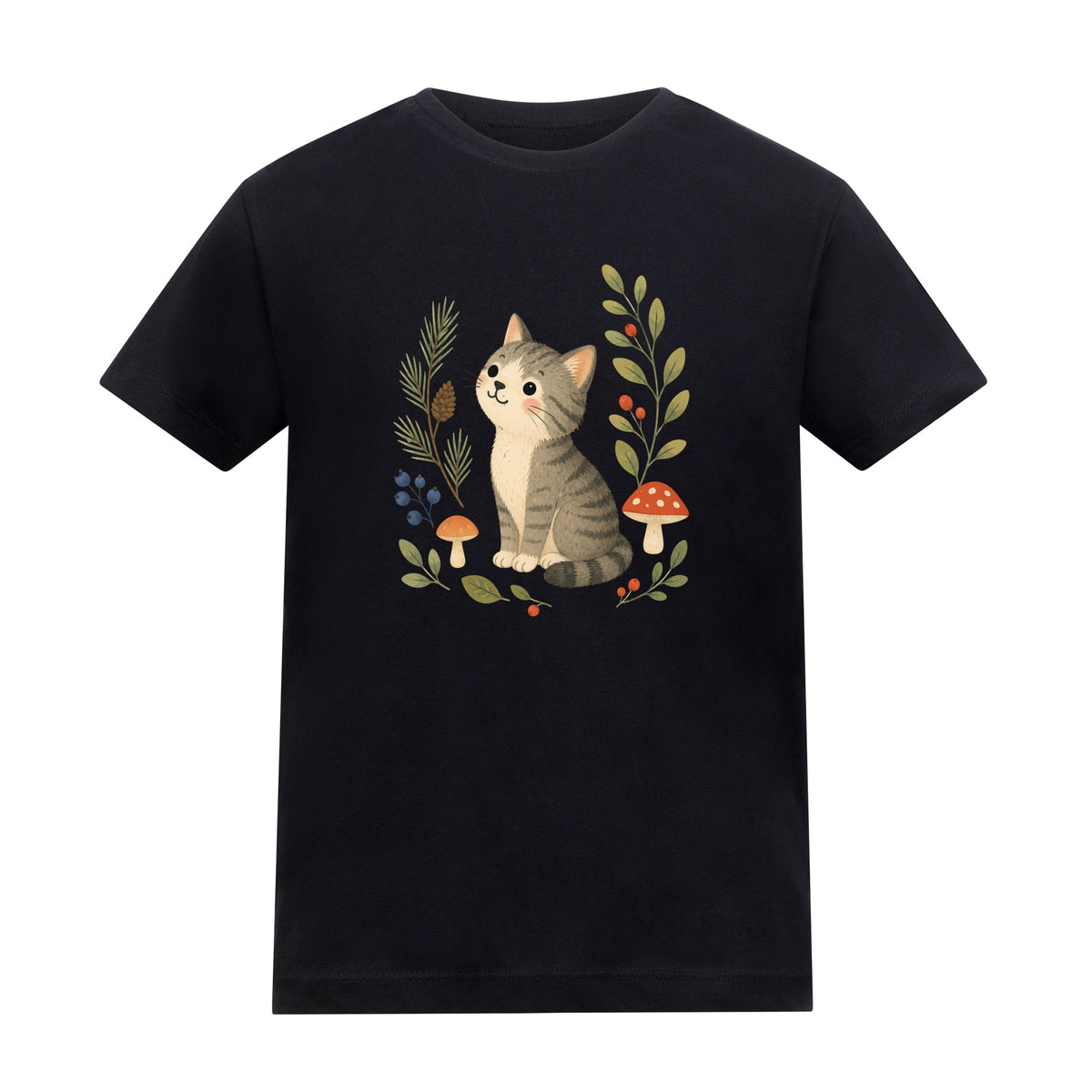 Kitten in the Pines Kids' T-shirt - Once Upon a Woodland Deep Black colour variant image