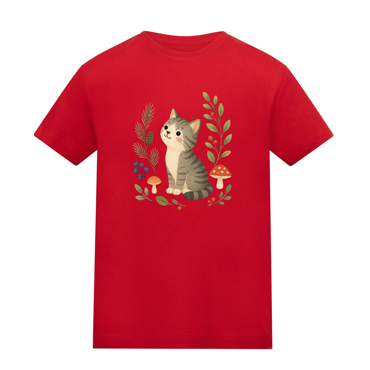 Kitten in the Pines Kids' T-shirt - Once Upon a Woodland Fire Red colour variant image