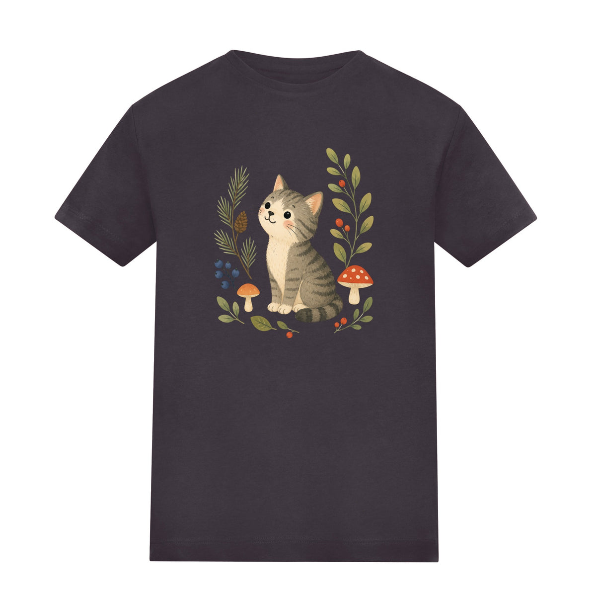 Kitten in the Pines Kids' T-shirt - Once Upon a Woodland Solid Charcoal colour variant image