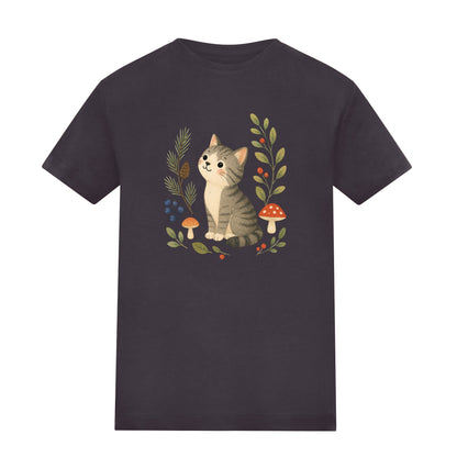 Kitten in the Pines Kids' T-shirt - Once Upon a Woodland Solid Charcoal colour variant image