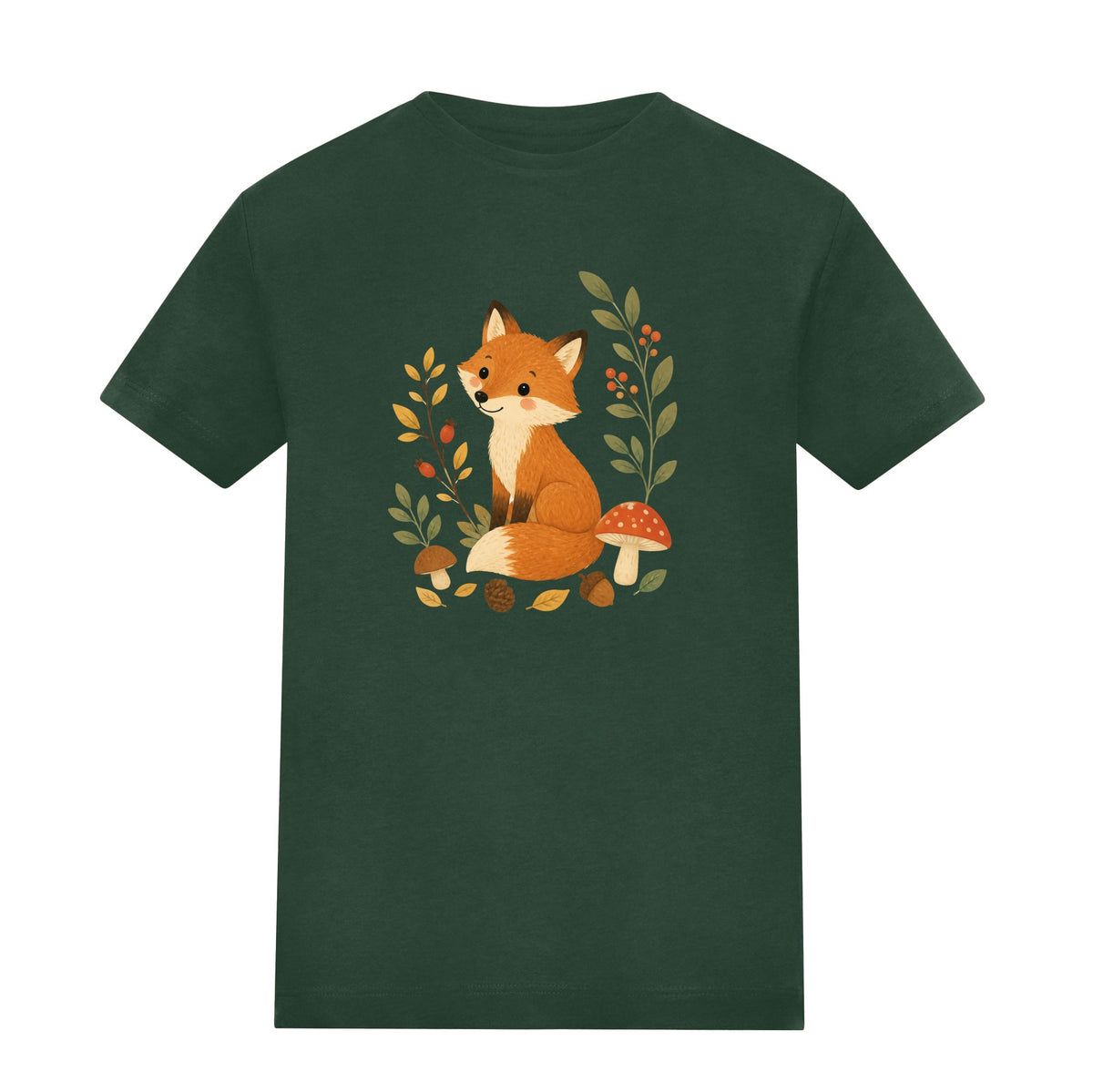Fox Among the Toadstools Kids' T-shirt - Once Upon a Woodland Bottle Green colour variant image