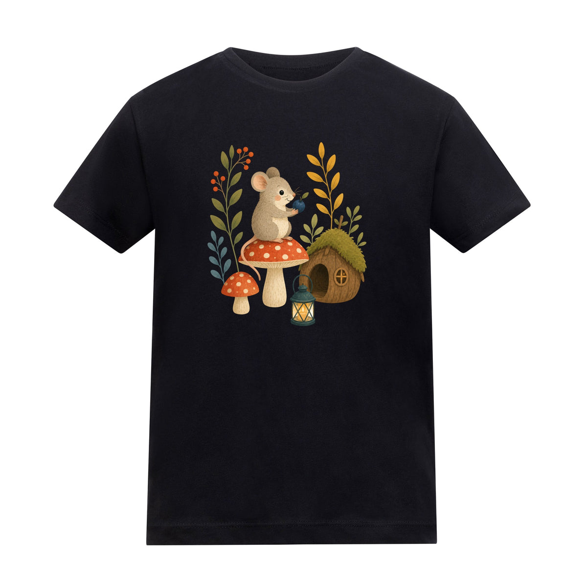 Mouse at Mushroom Cottage Kids' T-shirt - Once Upon a Woodland Deep Black colour variant image