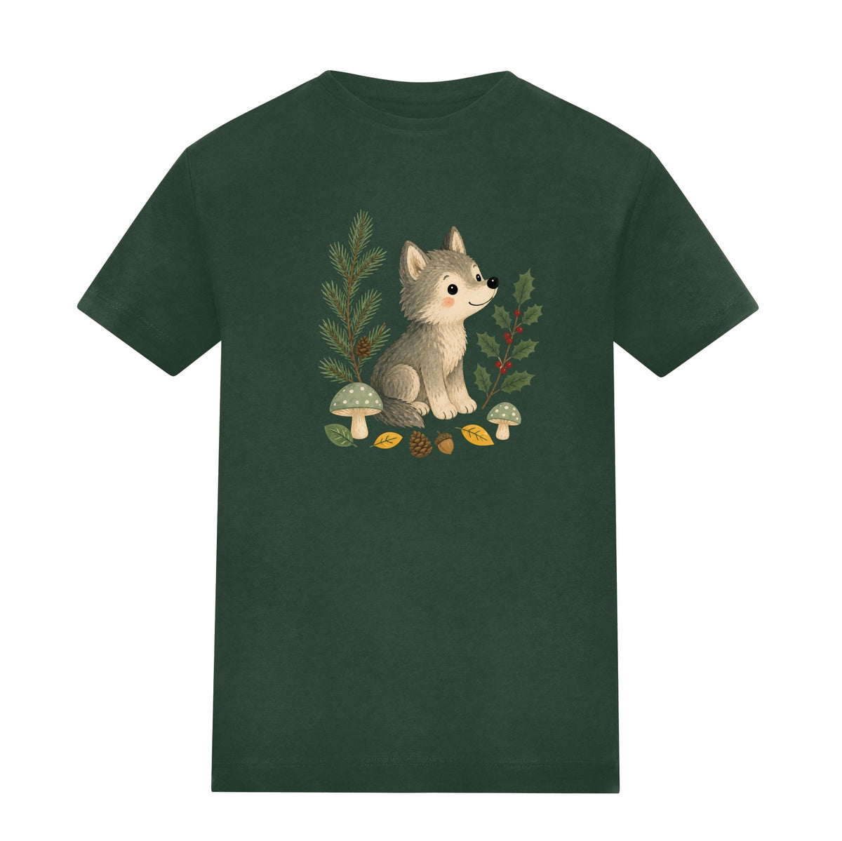 Wolf in the Winter Wood Kids' T-shirt - Once Upon a Woodland Bottle Green colour variant image