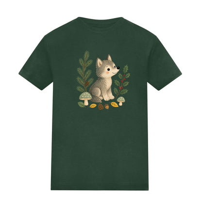 Wolf in the Winter Wood Kids' T-shirt - Once Upon a Woodland Bottle Green colour variant image