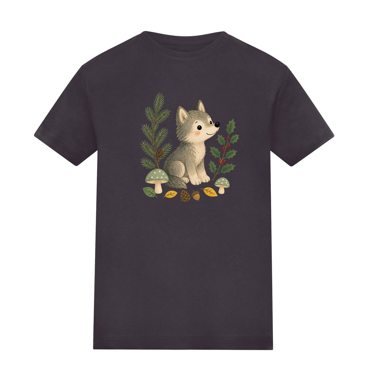 Wolf in the Winter Wood Kids' T-shirt - Once Upon a Woodland Solid Charcoal colour variant image