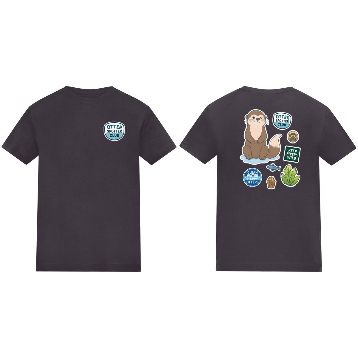 Otter Spotter Club Kids' T-shirt - Badges of the Wild Solid Charcoal colour variant image