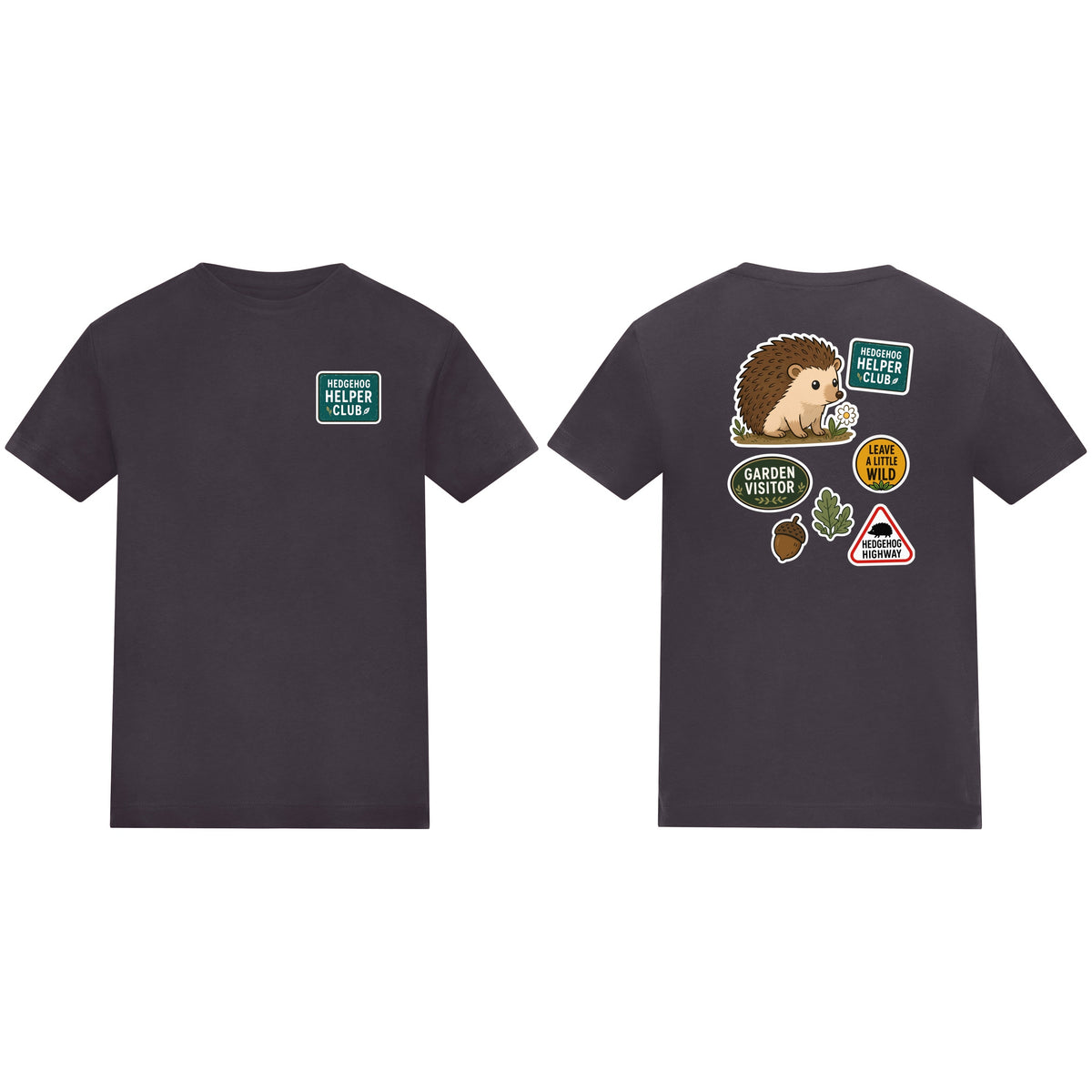 Hedgehog Helper Club Kids' T-shirt - Badges of the Wild Solid Charcoal colour variant image