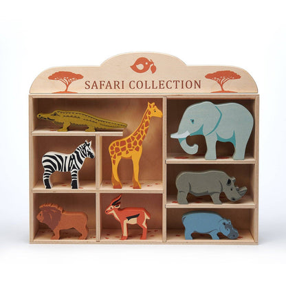 8-Animal Safari Wooden Playset with Shelf from Tender Leaf Toys