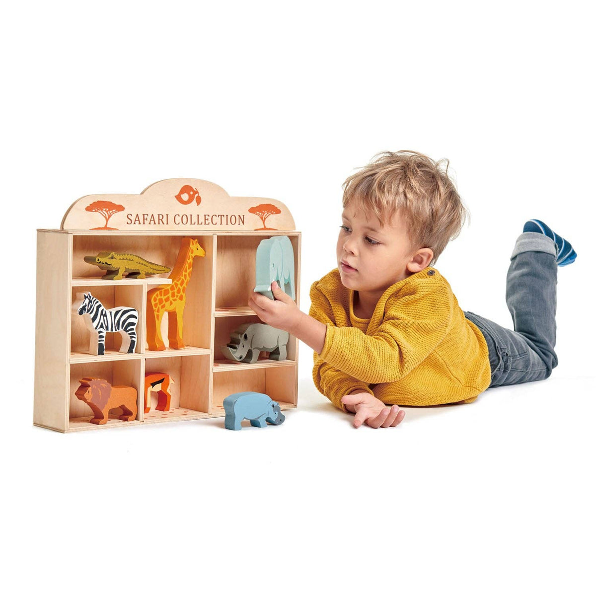 8-Animal Safari Wooden Playset with Shelf from Tender Leaf Toys