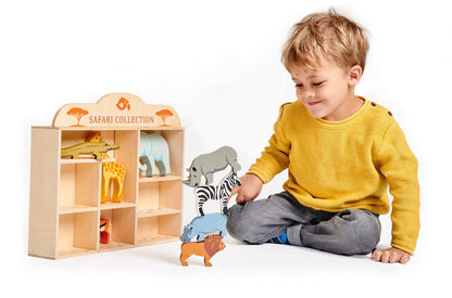 8-Animal Safari Wooden Playset with Shelf from Tender Leaf Toys