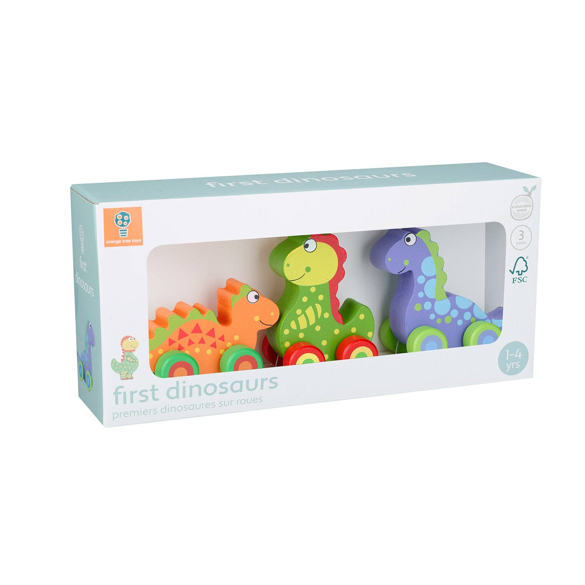 First Dinosaurs 3-Piece Wooden Push-Along Set from Orange Tree Toys