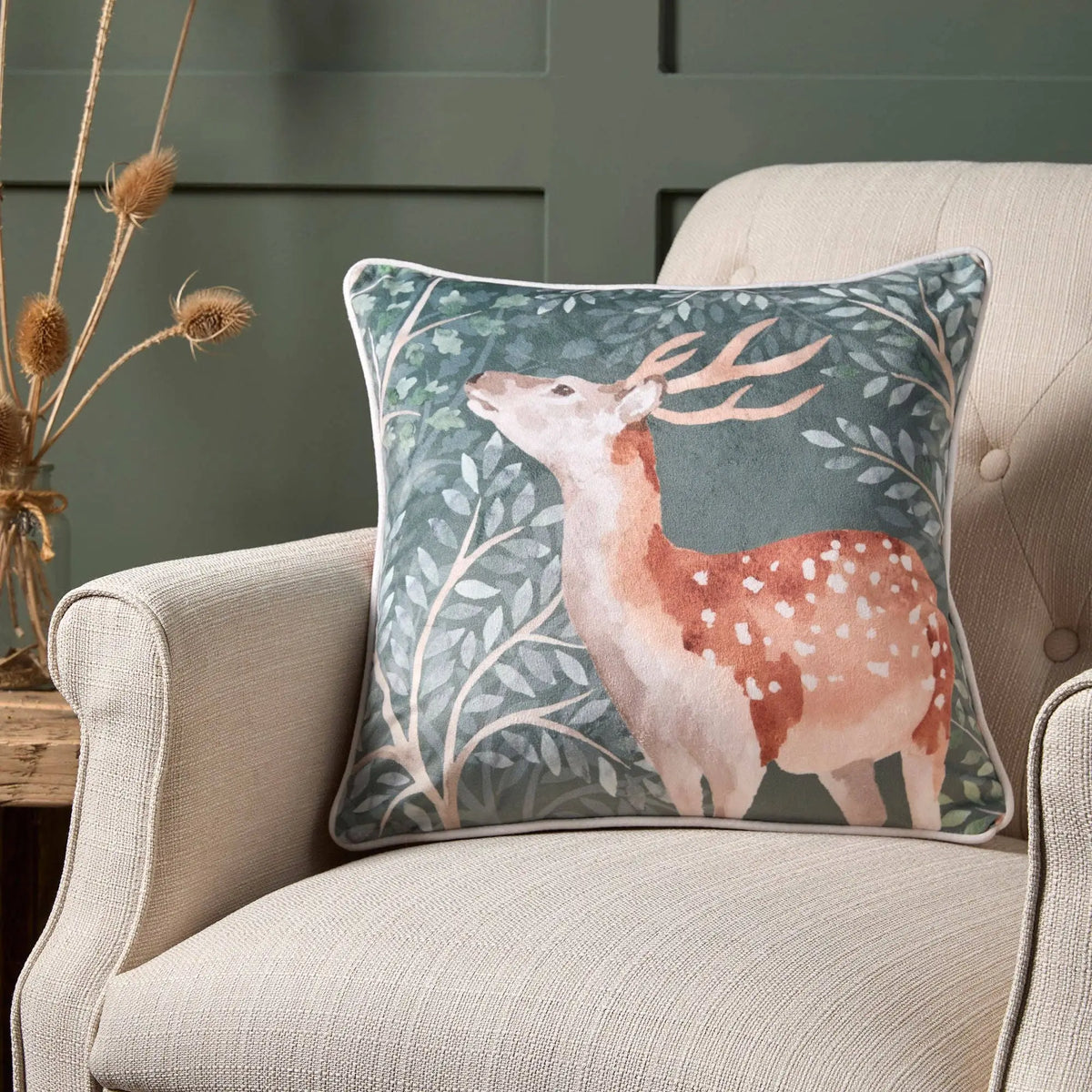 Forest Animals Stag Cushion in Green