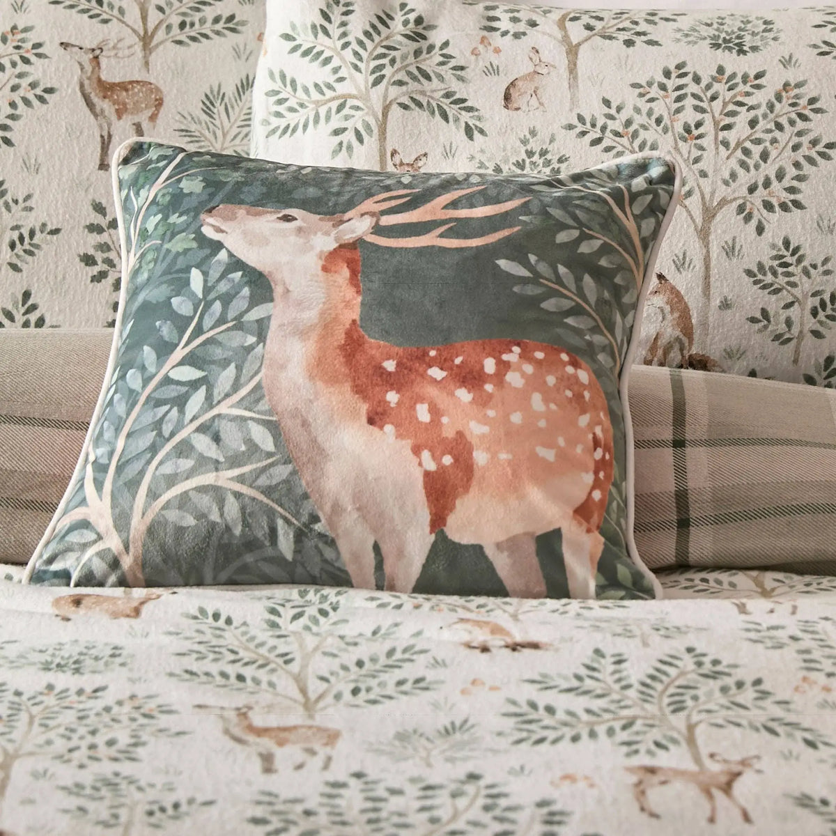 Forest Animals Stag Cushion in Green