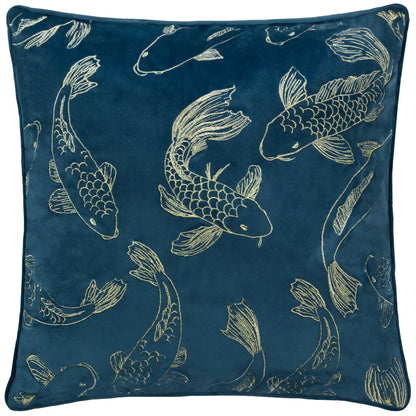 Koi Pond Embroidered Velvet Cushion Navy